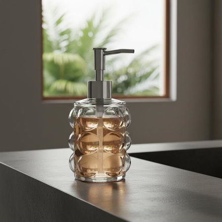 Beyaz Bubble Design Cam Sıvı Sabunluk - 450 ml Kabartmalı Şık Banyo ve Mutfak Sabunluğu (7x12 cm) (5067 - ŞEFFAF)