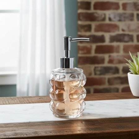 Beyaz Bubble Design Cam Sıvı Sabunluk - 450 ml Kabartmalı Şık Banyo ve Mutfak Sabunluğu (7x12 cm) (5067 - ŞEFFAF)