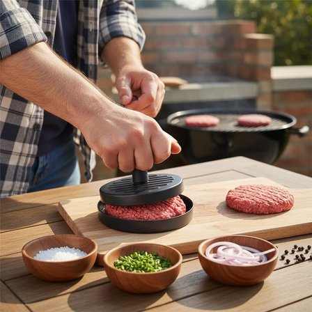 Yapışmaz Büyük Boy Hamburger Köfte Kalıbı - Paslanmaz Çelik Karbon Kaplama Premium Burger Presi | Mükemmel Şekilli Köfte Makinesi