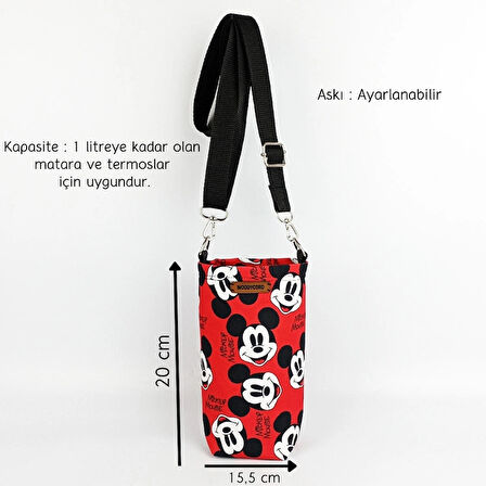  Woodycord 1 Litrelik Matara Kılıfı Su Şişesi Taşıma Çantası Water Bottle Bag Mickey Mause