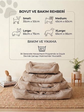 Plus Silinebilir Kedi Köpek Yatağı, Koltuk Kumaşı, Çıkartılabilir Minder, Bej, XL
