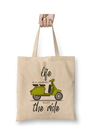 Vespa Journey Beyaz Bez Çanta Uzun Saplı Alışveriş Çantası Plaj Çantası