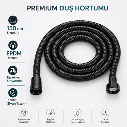 Alper Banyo Premium Siyah Duş Hortumu 150 cm, EPDM Esnek ve Dayanıklı Duş Başlığı Hortumu, Siyah Banyo Duş Hortumu, Su Kaçağına Karşı Güvenli Bağlantılı Modern Tasarım