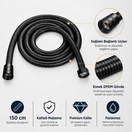 Alper Banyo Premium Siyah Duş Hortumu 150 cm, EPDM Esnek ve Dayanıklı Duş Başlığı Hortumu, Siyah Banyo Duş Hortumu, Su Kaçağına Karşı Güvenli Bağlantılı Modern Tasarım