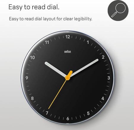 Braun Klasik analog duvar saati sessiz kuvars mekanizması, iyi okunabilir, 23 cm çap, siyah model, BC26B.