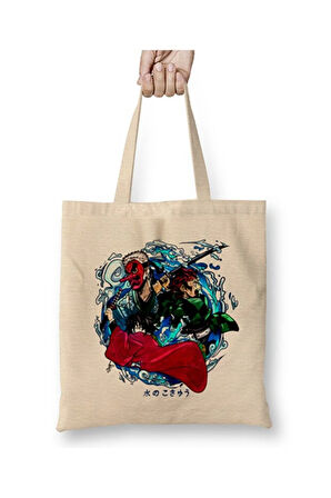 Demon Slayer Kimetsu No Yaiba İblis Keser Bez Çanta Uzun Saplı Alışveriş Çantası Plaj Çantası