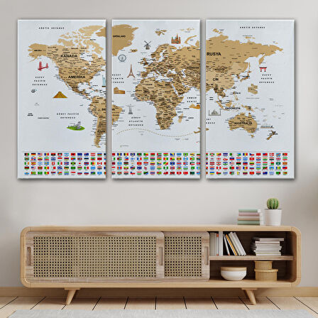 Harita Sepeti Türkçe Dünya Haritası Ayrıntılı Eğitici Sembollü Bayraklı Dekoratif Kanvas Tablo 2874