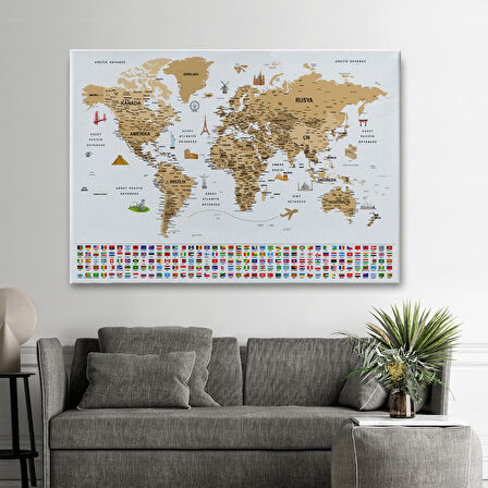 Harita Sepeti Türkçe Dünya Haritası Ayrıntılı Eğitici Sembollü Bayraklı Dekoratif Kanvas Tablo 2874