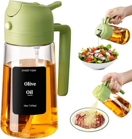 Yağ Püskürtme Şişesi, 470ml 2'si 1 Arada Cam Zeytinyağı Püskürtme ve Dökme Makinesi, Mutfak, Hava Fritözü, Yemek Pişirme, Salata, Barbekü için Etiketli Barbekü (Yeşil)