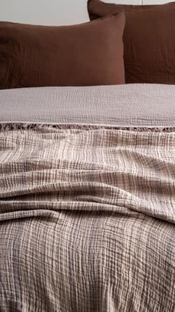 Boho Çizgili Yatak Örtüsü 4 Katlı Müslin%100 Pamuk Yumuşak Lüks Yazlık Pike Çift Kişilik Battal Boy 240x260 cm (Bej)
