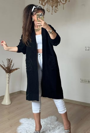 Kabartma Desenlı Uzun Triko Hırka Sıyah