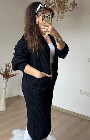 Kabartma Desenlı Uzun Triko Hırka Sıyah