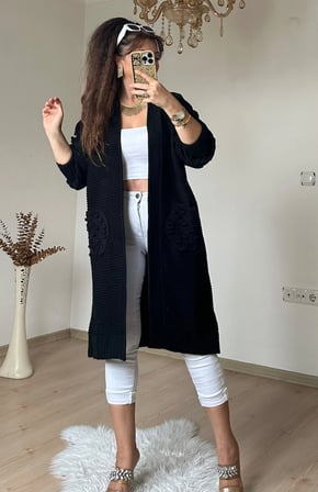 Kabartma Desenlı Uzun Triko Hırka Sıyah