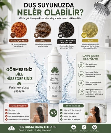 **Lotus Water Pure-Care Duş Filtresi,%99 Klor Filtreleme, Aktif Karbon + KDF + Vitamin C, Saç ve Cilt İçin Banyo Su Arıtma Filtresi, Kolay Montaj**