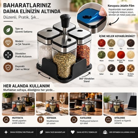 IVORY 4’lü Standlı Baharatlık Seti, 360° Döner Baharat Organizeri, Cam Hazneli Metal Kapaklı Tuzluk Baharat Saklama Kabı, Mutfak Tezgah Üstü Düzenleyici, Şık ve Pratik Tasarım