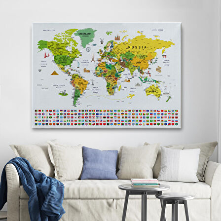 Harita Sepeti Dünya Haritası Ayrıntılı Eğitici Sembollü Bayraklı Dekoratif Kanvas Tablo 2875