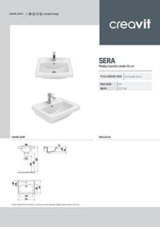 Creavit Sera 55 cm Mobilya Dolap Uyumlu Etajerli Lavabo TF155