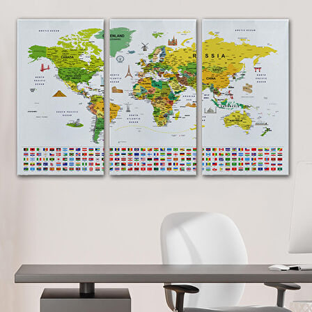 Harita Sepeti Dünya Haritası Ayrıntılı Eğitici Sembollü Bayraklı Dekoratif Kanvas Tablo 2875