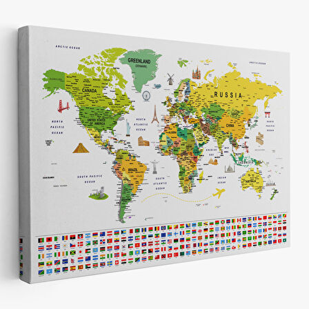Harita Sepeti Dünya Haritası Ayrıntılı Eğitici Sembollü Bayraklı Dekoratif Kanvas Tablo 2875