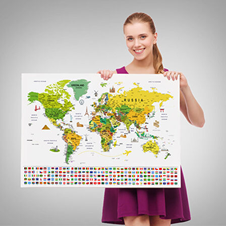 Harita Sepeti Dünya Haritası Ayrıntılı Eğitici Sembollü Bayraklı Dekoratif Kanvas Tablo 2875