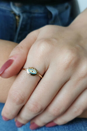 Mavi Mineli Altın Göz Yüzük