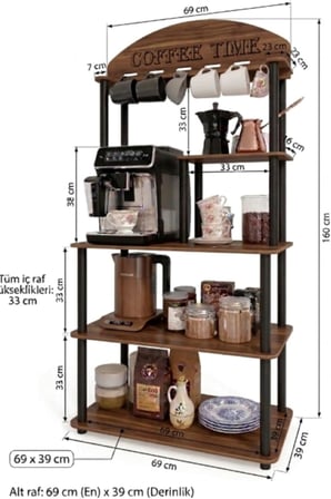 Kahve Köşesi Dolabı Çok Amaçlı Kitaplık 140x69x39 cm – Kahve Makinesi Standı, 1. Sınıf MDF, Demonte Kolay Kurulum (Ceviz)