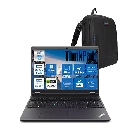 Lenovo Thinkpad Mws P16V Gen2 Intel Ultra 7 165H Vpro Aı 80GB 5600MHZ  4tbssd+4tbssd 8GB/RTX2000ADA 16" Wuxga (1920X1200) IPS 400NITS Windows 11 Pro Taşınabilir Bilgisayar W21KX001MTXW48+ZETTAÇANTA