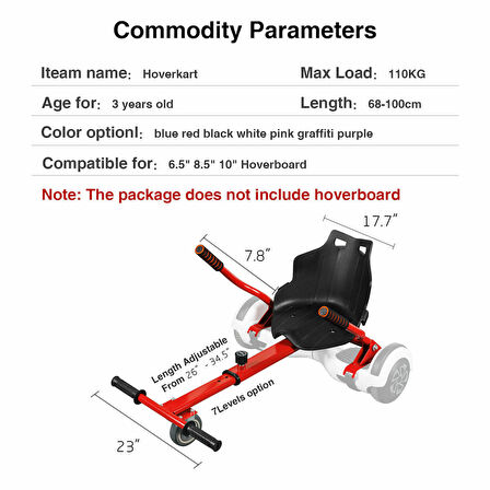 Hoverkart Go Kart 6.5 "8.5" 10 "Scooter Hoverboard için Ayarlanabilir Hover GoKart Kırmızı