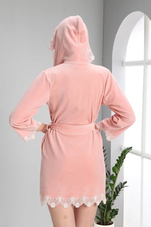 Krem Dantelli Kısa Kapüşonlu Niki Kadife Bambu Cotton Bayan Sabahlık