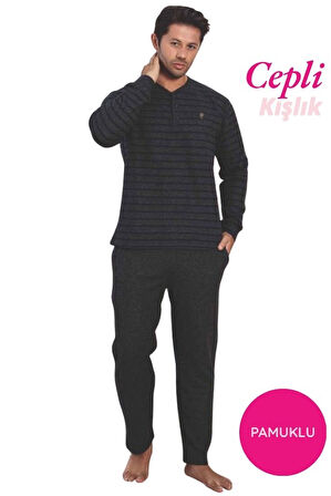 Alimer Erkek 3 Düğme Çizgili Kışlık Pamuklu Selanik Kumaş Uzun Manşetli Kol Cepli Pijama Takımı 