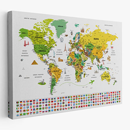 Harita Sepeti Türkçe Dünya Haritası Ayrıntılı Eğitici Sembollü Bayraklı Dekoratif Kanvas Tablo 2876