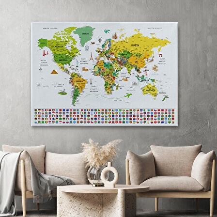 Harita Sepeti Türkçe Dünya Haritası Ayrıntılı Eğitici Sembollü Bayraklı Dekoratif Kanvas Tablo 2876