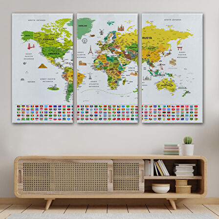 Harita Sepeti Türkçe Dünya Haritası Ayrıntılı Eğitici Sembollü Bayraklı Dekoratif Kanvas Tablo 2876