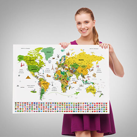 Harita Sepeti Türkçe Dünya Haritası Ayrıntılı Eğitici Sembollü Bayraklı Dekoratif Kanvas Tablo 2876