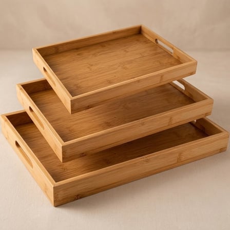 Bambu Servis Tepsisi Seti, Doğal Ahşap, 3'lü Set, Küçük-Orta-Büyük, Kahvaltı ve Sunum için