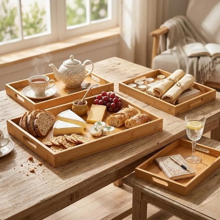 Bambu Servis Tepsisi Seti, Doğal Ahşap, 3'lü Set, Küçük-Orta-Büyük, Kahvaltı ve Sunum için