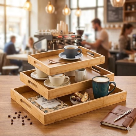 Bambu Servis Tepsisi Seti, Doğal Ahşap, 3'lü Set, Küçük-Orta-Büyük, Kahvaltı ve Sunum için