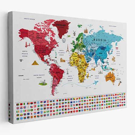 Harita Sepeti Dünya Haritası Ayrıntılı Eğitici Sembollü Bayraklı Dekoratif Kanvas Tablo 2877