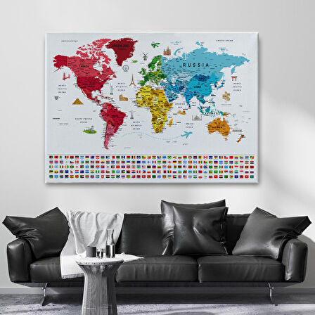 Harita Sepeti Dünya Haritası Ayrıntılı Eğitici Sembollü Bayraklı Dekoratif Kanvas Tablo 2877