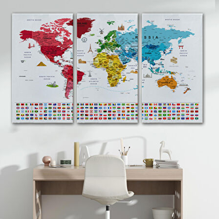 Harita Sepeti Dünya Haritası Ayrıntılı Eğitici Sembollü Bayraklı Dekoratif Kanvas Tablo 2877