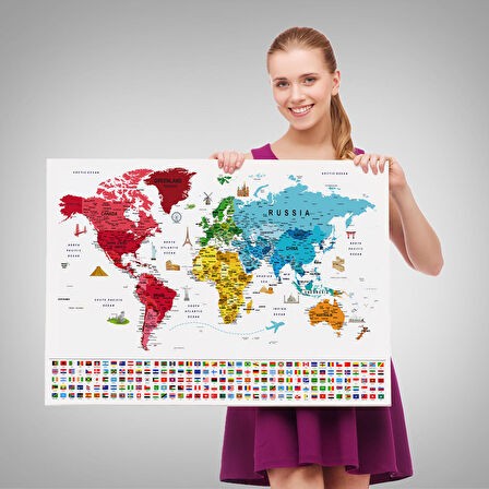 Harita Sepeti Dünya Haritası Ayrıntılı Eğitici Sembollü Bayraklı Dekoratif Kanvas Tablo 2877