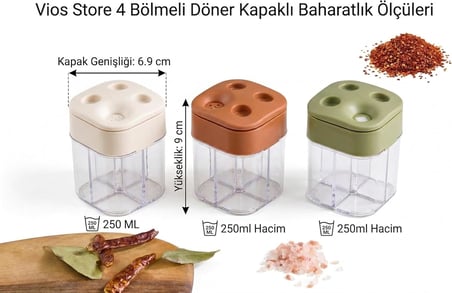 4 Bölmeli Döner Kapaklı Pratik Baharatlık - Modern Tasarım Şeffaf Baharat Kavanozu (1'li, 2'li ve 3'lü Paket Seçenekleri - Karışık Renk) (2)