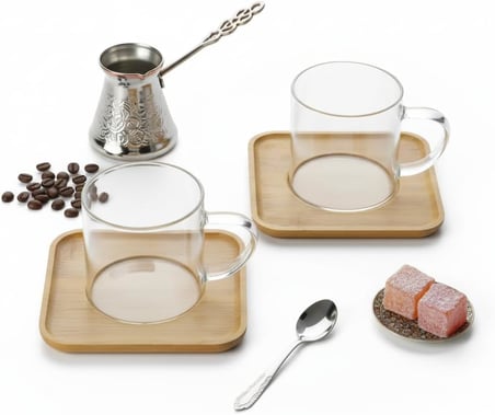 Bambu Tabaklı 2'li Cam Fincan Seti 150 ml - Yuvarlak/Kare Seçenekli Borosilikat Bitki Çayı ve Double Kahve Fincanı (KARE TABAKLI)