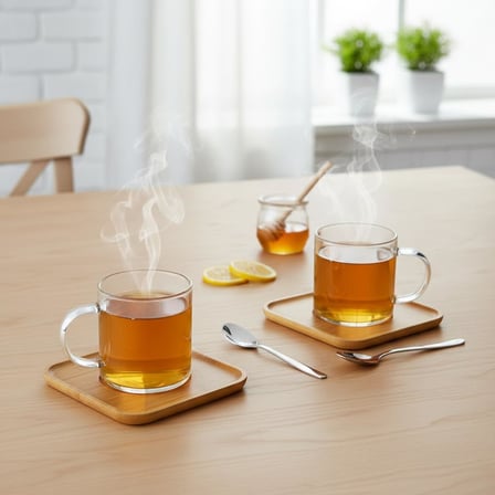 Bambu Tabaklı 2'li Cam Fincan Seti 150 ml - Yuvarlak/Kare Seçenekli Borosilikat Bitki Çayı ve Double Kahve Fincanı (KARE TABAKLI)