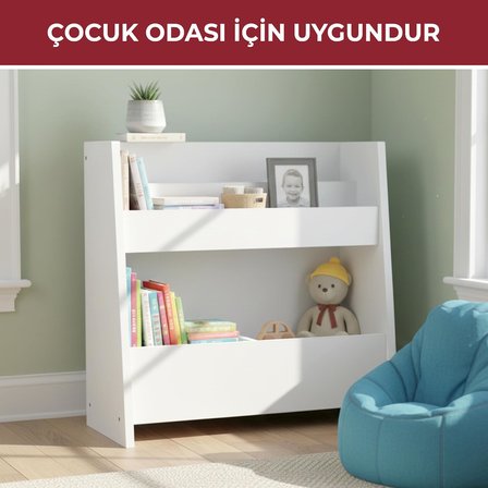 Montessori Ahşap 2 Bölmeli Kitaplık ve Düzenleyici – Eğimli Tasarım, Renkli Yıldız Detaylı