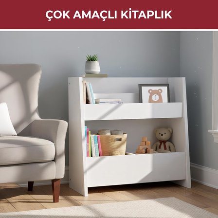 Montessori Ahşap 2 Bölmeli Kitaplık ve Düzenleyici – Eğimli Tasarım, Renkli Yıldız Detaylı