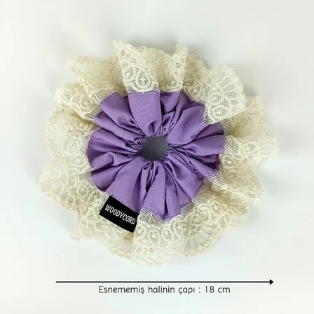 Woodycord El Yapımı Dantelli Lila Scrunchie Toka