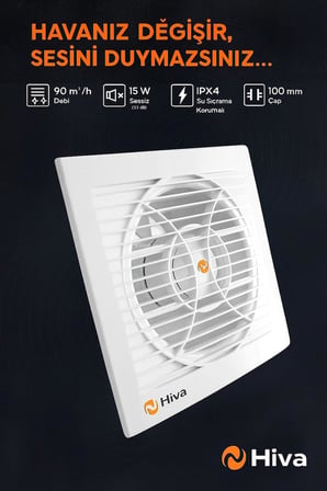 Hiva Banyo ve Tuvalet Aspiratörü, 90 M³/H Debi, 33 Db Sessiz, 15 W Enerji, IPX4 Su Sıçrama Korumalı, 230 V, 50 Hz, Duvar Tavan Uyumlu, Dekoratif, Beyaz Havalandırma Fanı (100 mm)