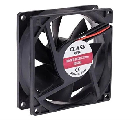 Class CF-241 DC12V 80X80x25mm Aksiyel Fan - 20Cm Siyah-Kırmızı Güç Kablolu