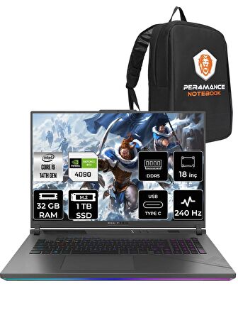 ASUS ROG Strix G18 i9-14900HX 32GB 1TB SSD RTX4090/16GB 240Hz 18" WQXGA FDOS N6100 & PER4 ÇANTA